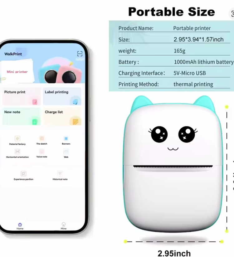 Portable thermal printer mini cat print photo pocket thermal label printer 58mm printing wireless Bluetooth Android iOS printers