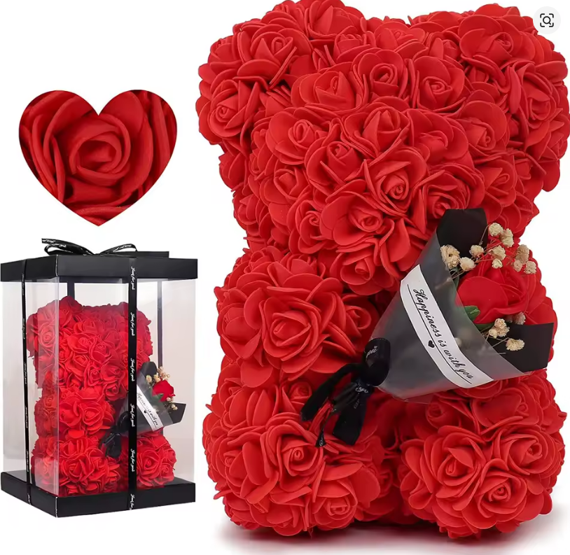 1pc 25cm Rose Bear with flower bouquet Artificial Foam Flowers Bear Romantic Creative Gifts For Valentines Day Anniversary Gift